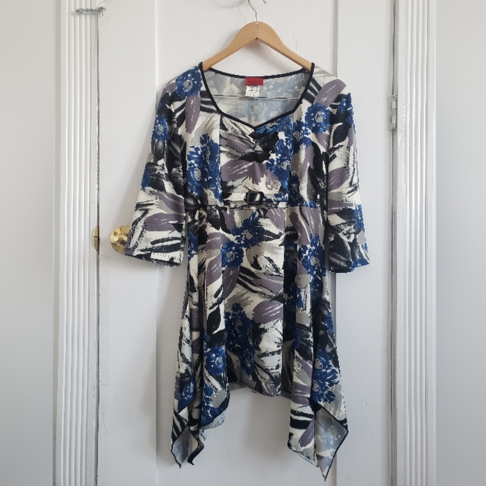 Antoine Y2K Abstract Floral Empire Waist Handkerchief Hem Dress